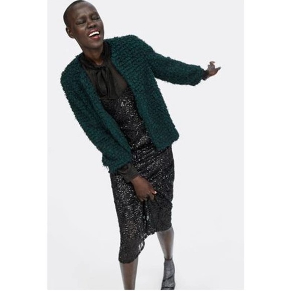 Zara Textured Forest Green Fuzzy Teddy Lined Jacket Coat, Womens size Small - Picture 2 of 12